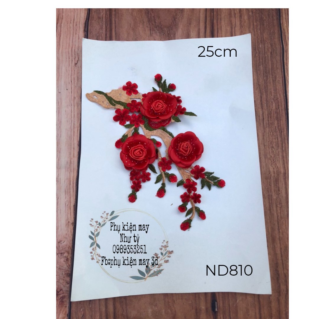 Nhánh ren đào thêu 3 hoa xinh xinh 25cm