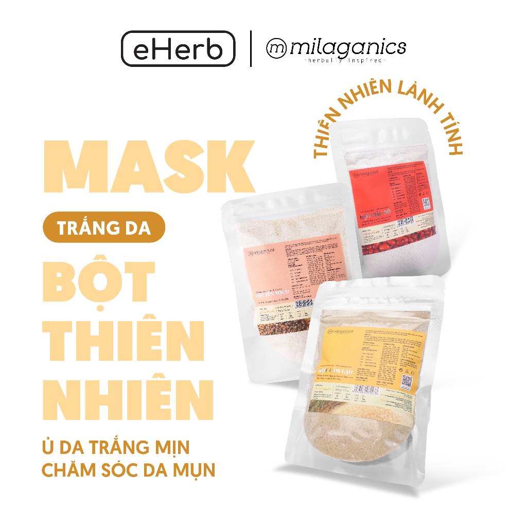 Combo mặt nạ bột trắng da, mờ vết thâm bột đậu đỏ, bột yến mạch & bột cám gạo milaganics 100gr - eherb