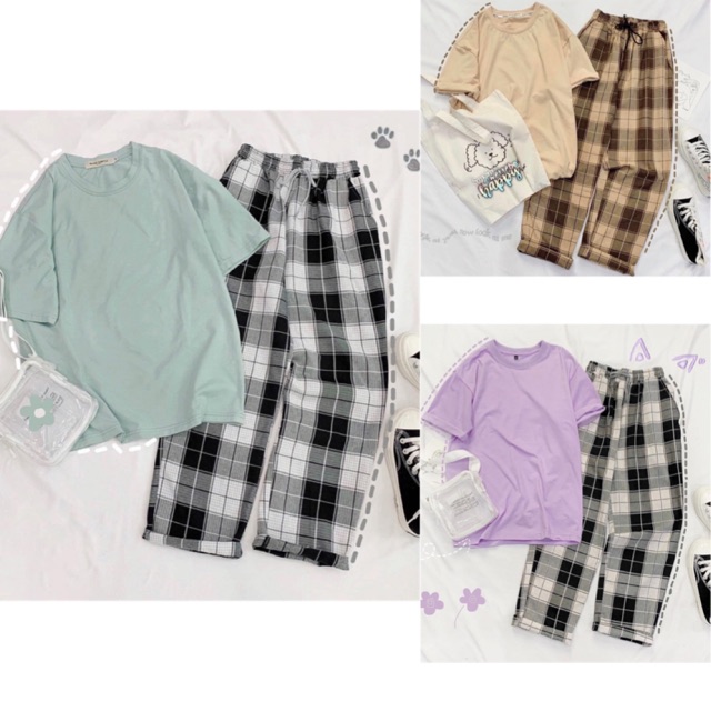 Bộ áo thun trơn quần karo - Tại Badashop