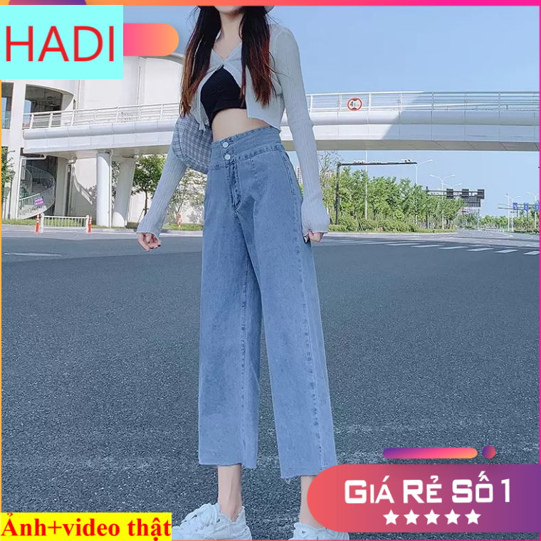 [ LONG LANH ] QUẦN JEAN ỐNG RỘNG NỮ LƯNG CAO 2 NÚT LAI TUA MÀU XANH NHẠT PHONG CÁCH, THỜI TRANG, ĐẲNG CẤP HADI