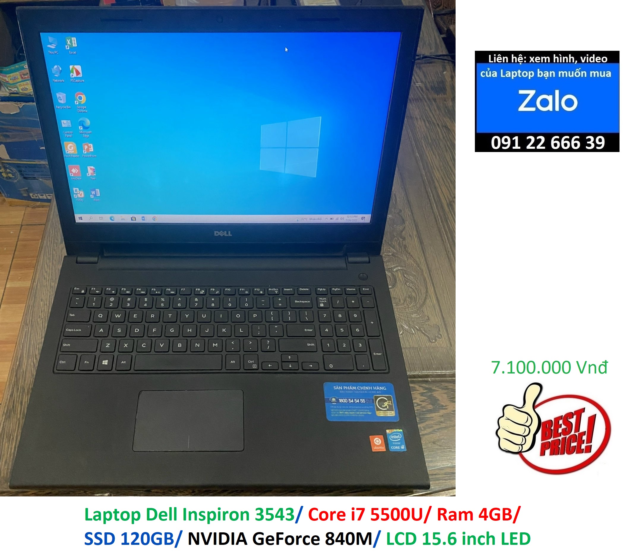 Laptop Dell Inspiron 3543/ Core i7 5500U/ Ram 4GB/ SSD 120GB/ NVIDIA GeForce 840M/ LCD 15.6 inch LED