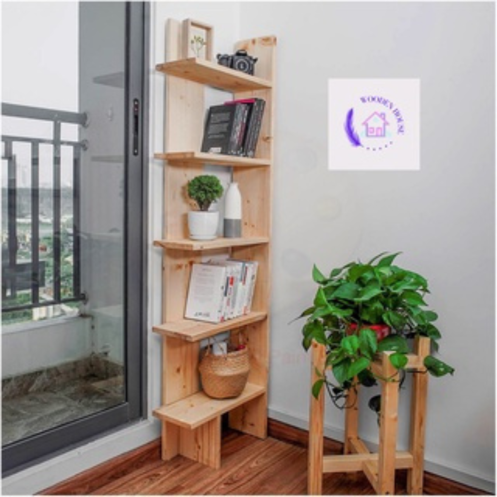 Kệ sách 5 tầng bằng gỗ thông wooden house, kệ sách gỗ thông dễ lắp đặt siêu bền