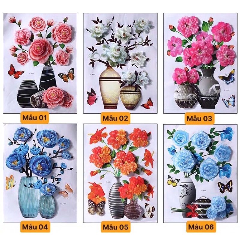 Decal trang trí có keo sẵn, decal bình hoa nổi 3D