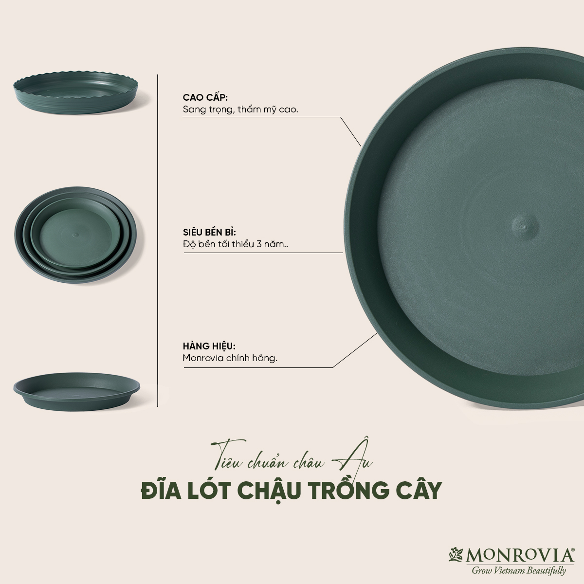 Đĩa lót chậu MONROVIA, Dòng O-Series và M-series, chậu nhựa trồng cây, chậu cây cảnh mini, để bàn, treo ban công, treo tường, cao cấp, chính hãng thương hiệu MONROVIA