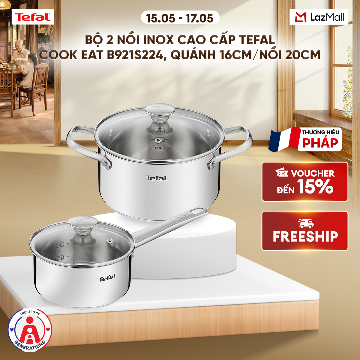 Bộ 2 nồi Inox cao cấp Tefal Cook Eat B921S224, quánh 16cm/nồi 20cm