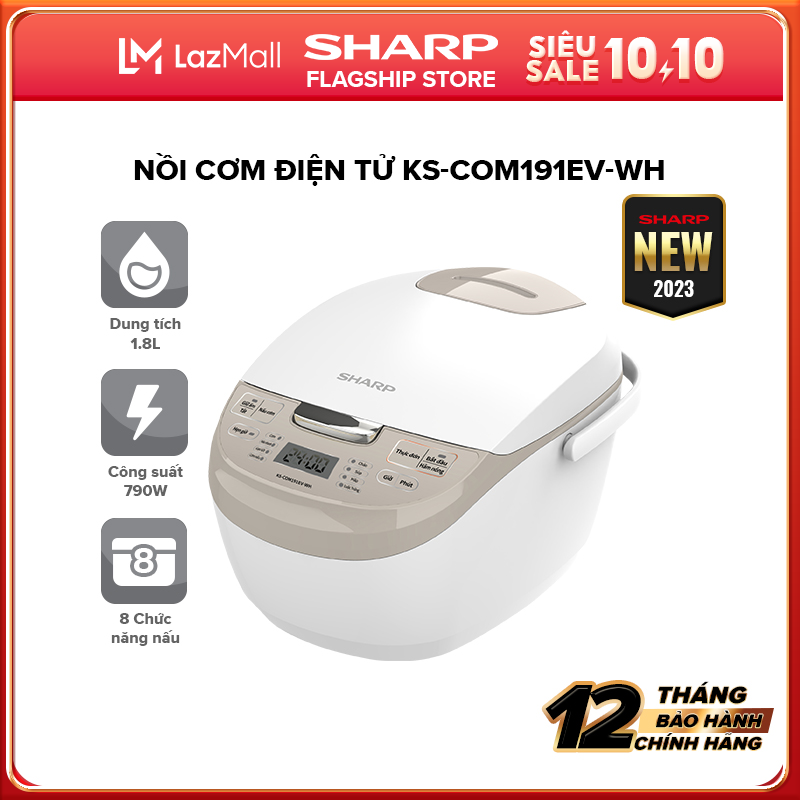 [Hàng mới về 2023] Nồi Cơm Điện Tử Sharp KS-COM191EV-WH 1.8L [8 Chức năng nấu, Màn hình LED, Lòng nồi 3 lớp] - Hàng Chính Hãng Uy Tín Bảo Hành 12 tháng