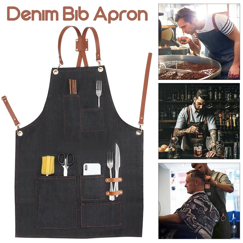 Denim Bib Retro Aprons Leather Strap Barista Barber Bartender BBQ tạp dề Chef Practical Multi-functional Workwear Uniform Clothes for Hairdressers Professional Work Clothes for Hairdressers Haircut Apron Household