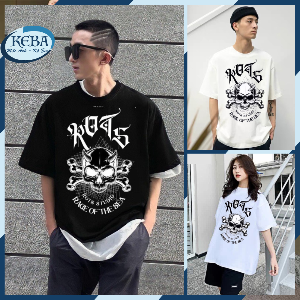 Áo thun tay lỡ rots đầu lâu - áo phông keba unisex form rộng phong cách hàn quốc