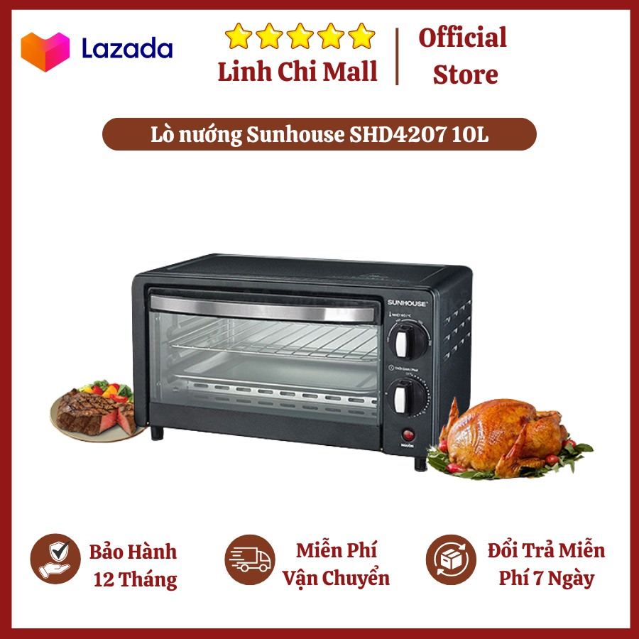 Lò nướng đa năng, lò nướng Sunhouse SHD4207 10L, lò nướng tích hợp hâm nóng thức ăn, rã đông thực phẩm vô cùng tiện lợi, công suất 800W truyền nhiệt nhanh, tiết kiệm điện năng, chế độ hẹn giờ linh hoạt.