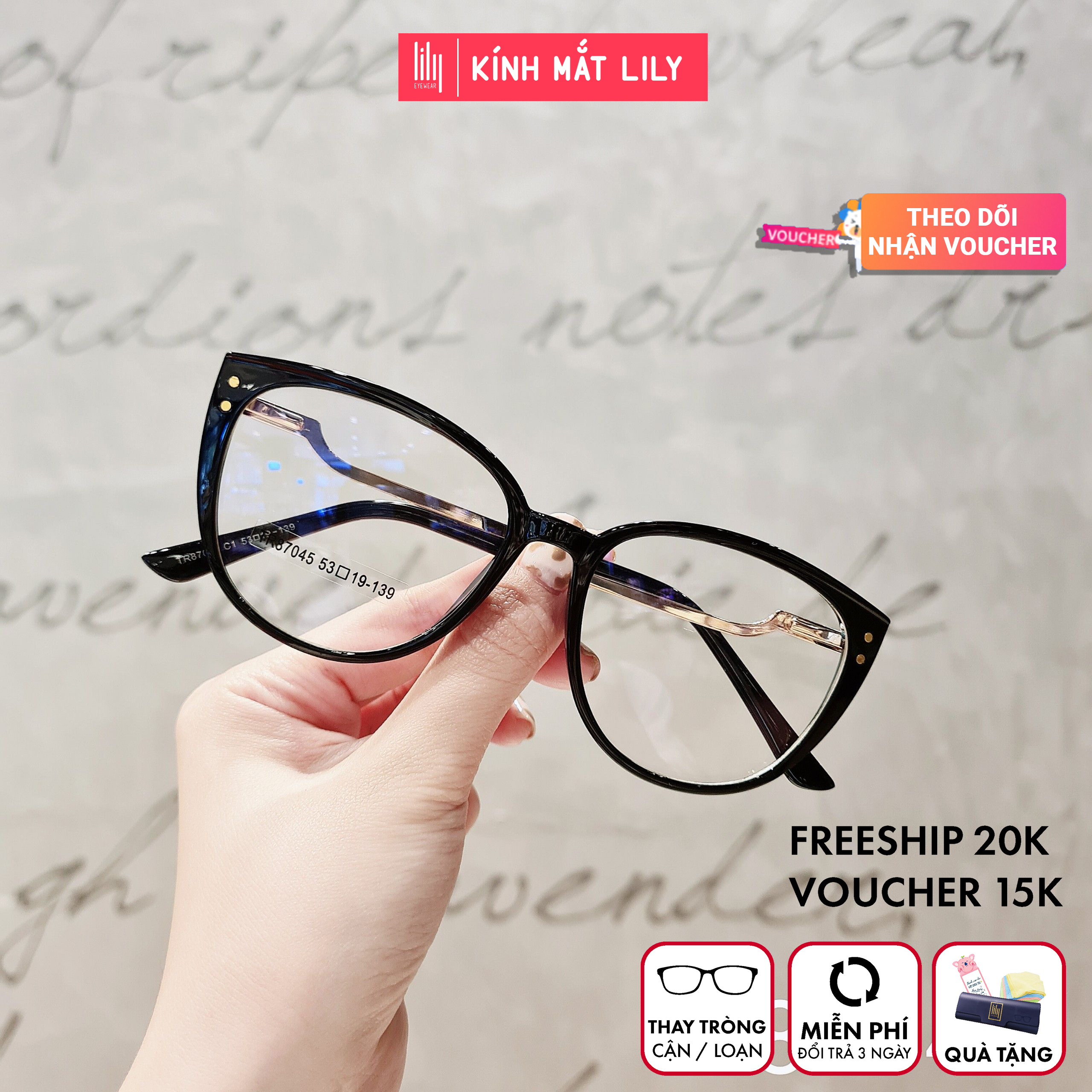 Kính thời trang mắt mèo Lilyeyewear 87045 chất liệu nhựa dẻo tính bền dẻo cao phù hợp với nhiều khuôn mặt thiết kế vuông thời trang nhiều màu có thể cắt cận một size kèm quà