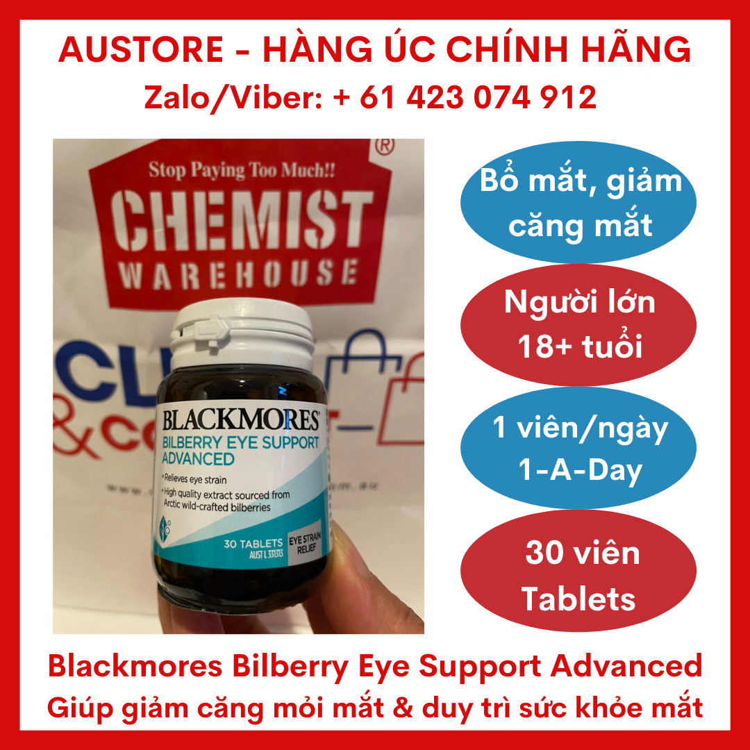 [Bill Úc, Date mới] Blackmores Bilberry Eye Support Advanced 30 Tablets - Viên uống bổ mắt Blackmore Bilberry giúp giảm căng mỏi mắt, đặc biệt phù hợp cho người làm việc máy tính cường độ cao