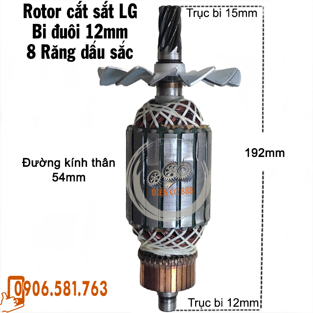 Rotor cắt sắt LG 8 răng dấu sắc Thân 54mm Dài 192mm bi đuôi 12mm dây đồng 220V - Tặng chổi than