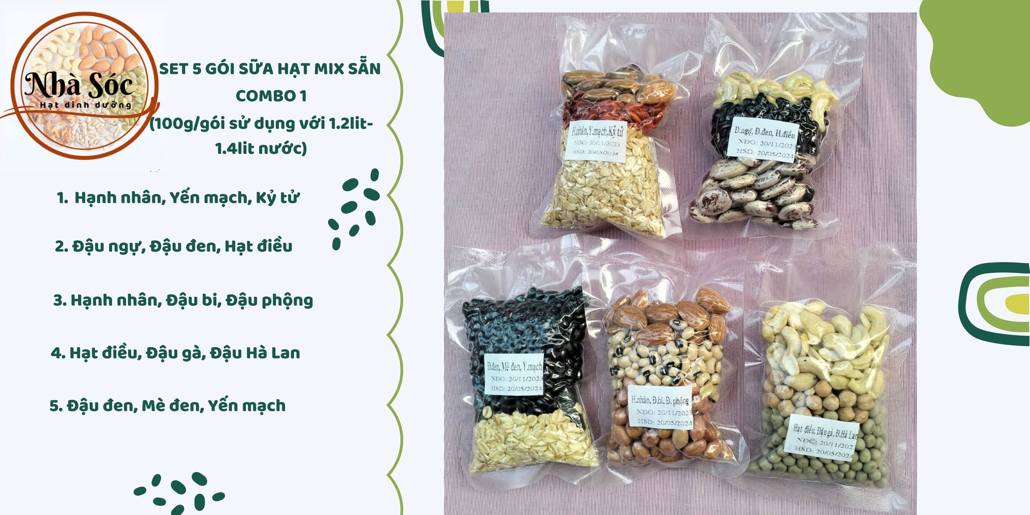 Set hạt dinh dưỡng làm sữa hạt [COMBO 5 NGÀY Mix sẵn 100g/gói]
