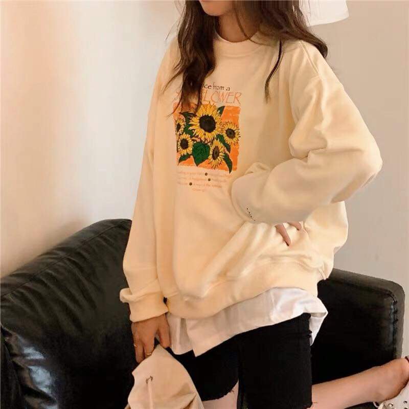[HCM]Áo Hoodies Không Mũ Áo Sweatershirt hình Hoa Hướng Dương cực xinh Form Rộng Y hình
