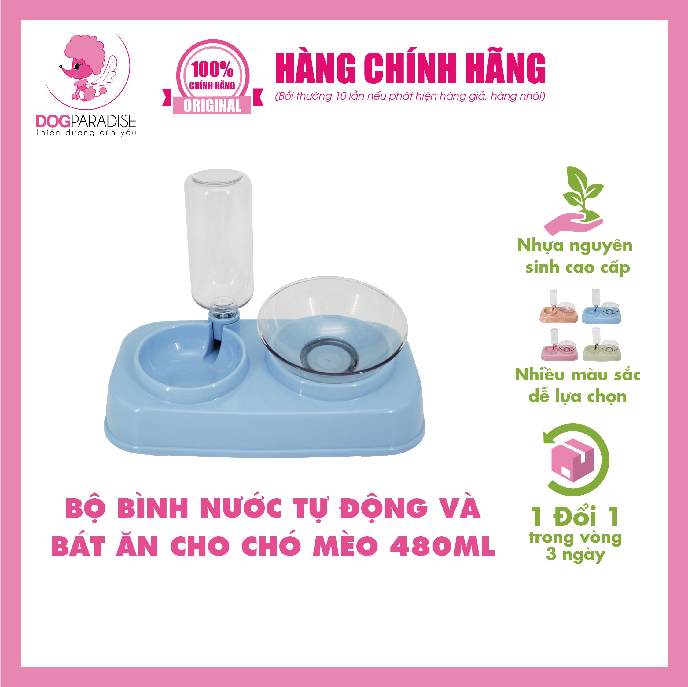 Bộ bình nước tự động và bát ăn cho chó mèo 480ml - Dog Paradise