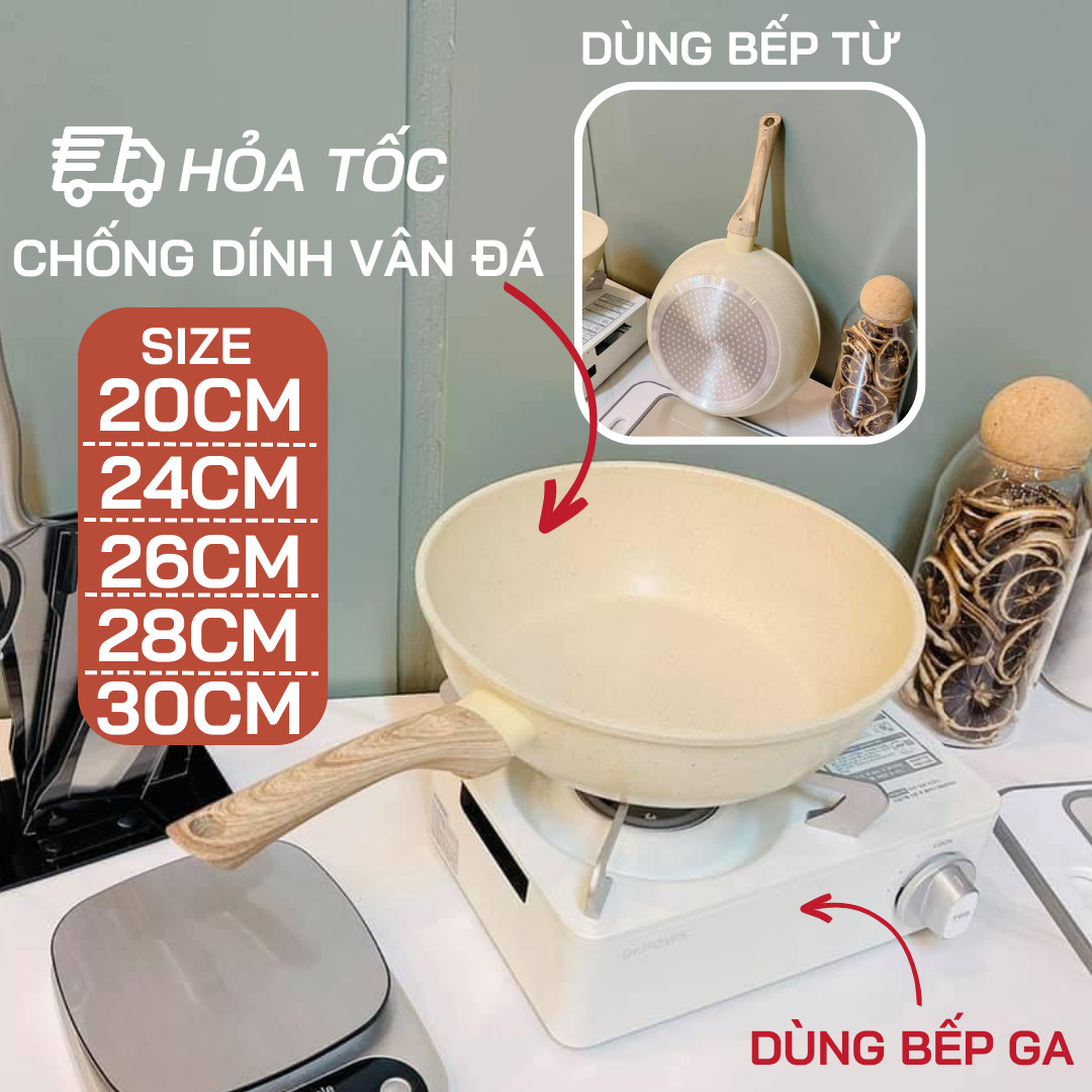 Chảo chống dính bếp từ, bếp gas vân đá kiểu nhật, chảo đáy từ cán gỗ sang trọng, cao cấp