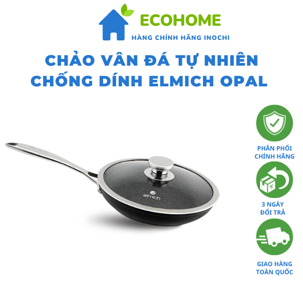 Chảo vân đá chống dính cao cấp dùng cho mọi loại bếp kích thước 24cm - 26cm - 28cm ELMICH OPAL - Chảo chống dính kèm vung đậy, nắp đậy