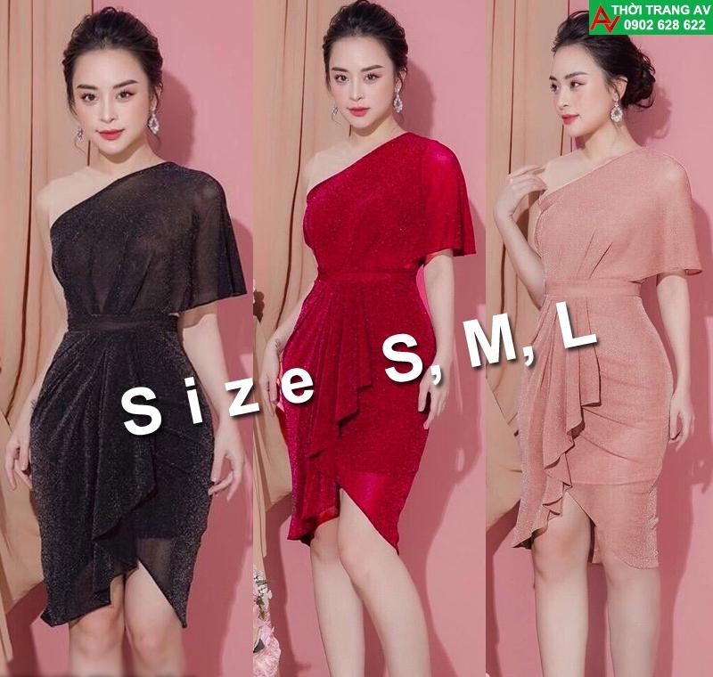 Đầm ôm body lệch vai phối lưới chân váy dún xinh xắn - AV6242
