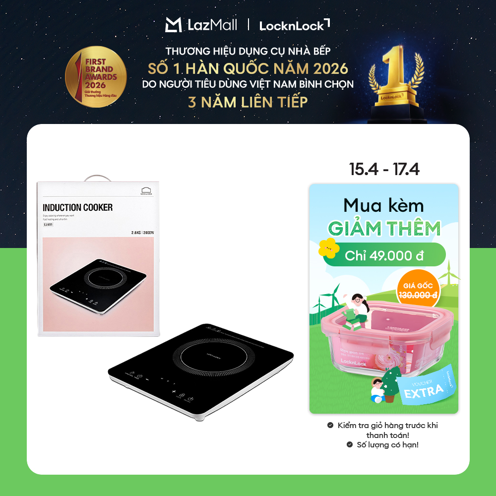 EJI411 - Bếp điện từ Lock&Lock - Cảm ứng, thủy tinh chống mài mòn, Có chức năng hẹn giờ và đặt giờ - Hàng chính hãng - Bảo hành 2 năm