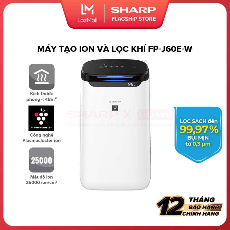Máy lọc không khí và tạo ion sharp fp-j60e-w xuất xứ thái lan - bảo hành chính hãng uy tín 12 tháng