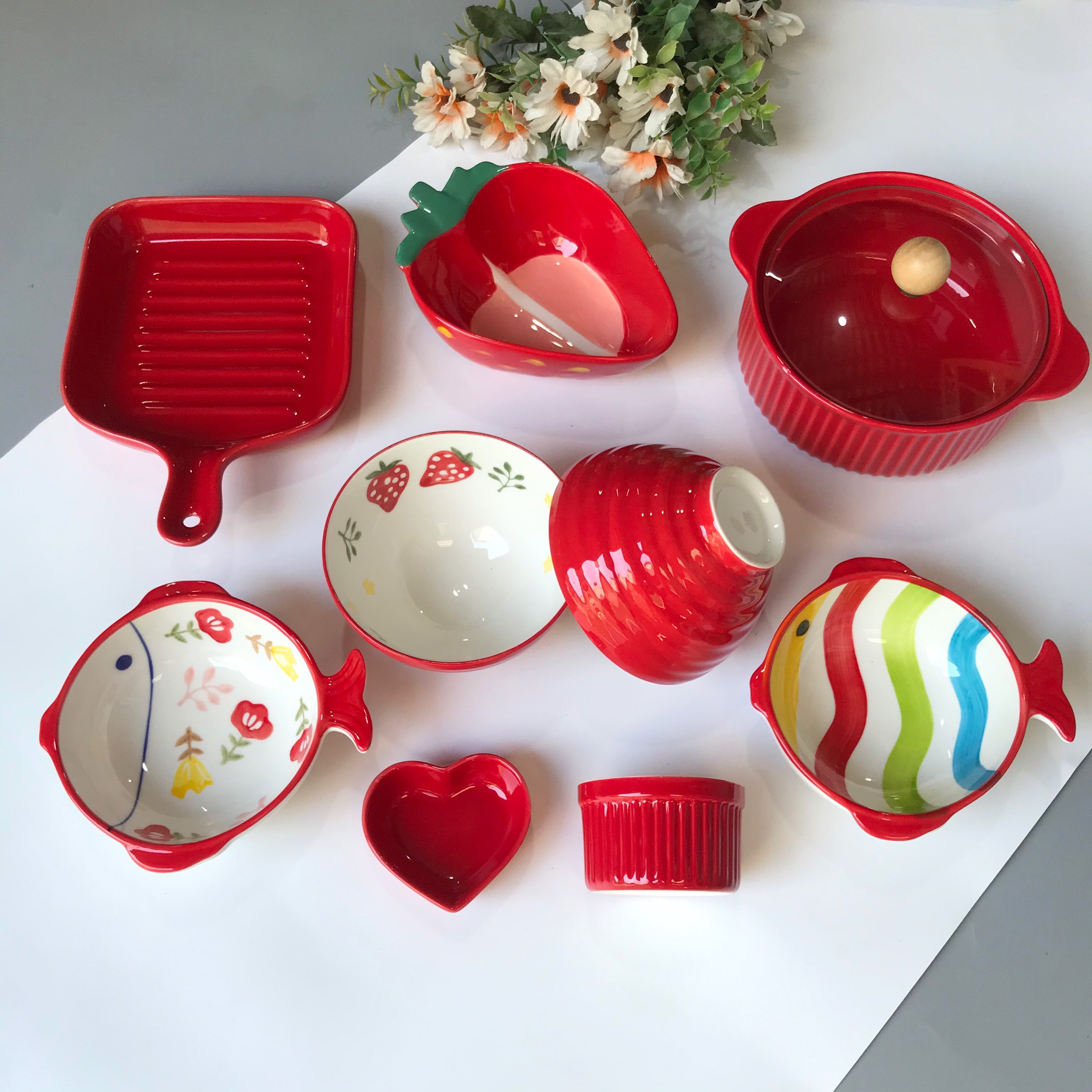 Chén Sứ Bát Ăn Cơm Bộ Bát Đĩa Decor Chén Dĩa Sứ 🐦Dễ Thương Màu Đỏ Cute 🐦Cao Cấp S43