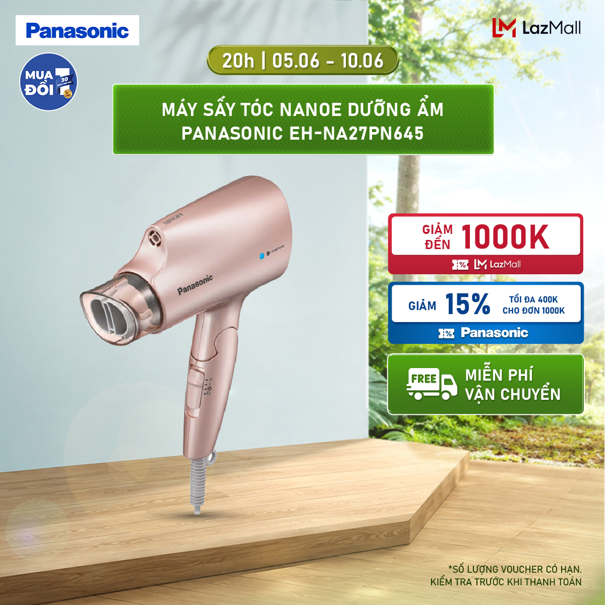 Máy sấy tóc Nanoe dưỡng ẩm, chăm sóc tóc và da đầu Panasonic EH-NA27PN645 – Thiết kế thời trang - Tay cầm gập gọn, dễ dàng mang theo - Công Suất 1200W - Hàng Chính Hãng - Bảo hành 1