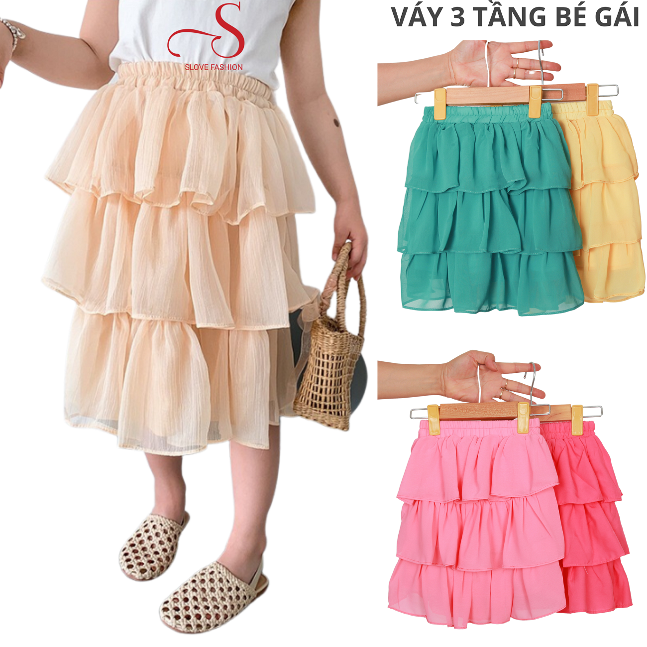 Váy Công chúa SLOVE, CV 01 Chân váy ba tầng chất liệu VOAN HÀN mềm mại, Dáng chữ A trơn màu dễ phối đồ , Váy có cạp chun co giãn đủ size cho bé từ 10kg đến 27kg.