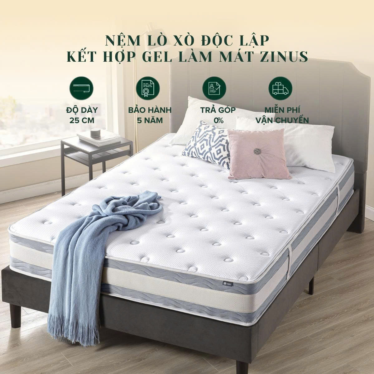 [TRẢ GÓP 0%] Nệm Cao Su Non Lò Xo Gel Mát Cao Cấp Dày 25cm Zinus - 10in Gel-Infused Memory Foam Hybrid Spring Mattress