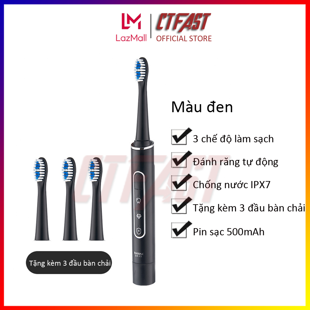 Bàn chải điện Clean Sonic CTFAST Boorui E1, bàn chải điện thế hệ mới 3 chế độ, tặng kèm 3 đầu bàn chải, sạc USB không dây, chống nước IPX7 - Hàng chính hãng