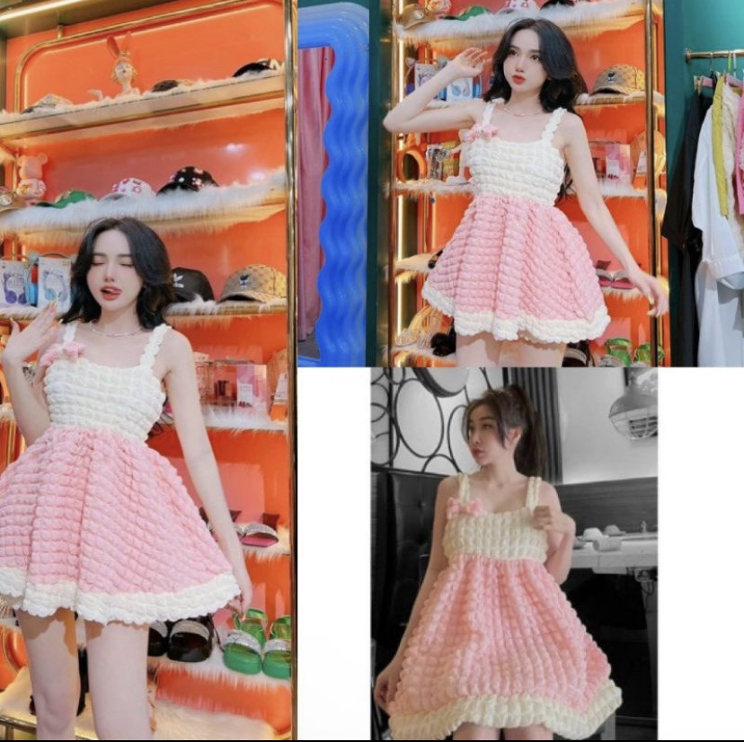 Đầm babydoll dây chất xốp phối màu và nơ xinh, váy tiểu thư dễ thương đầm Siêu Đẹp