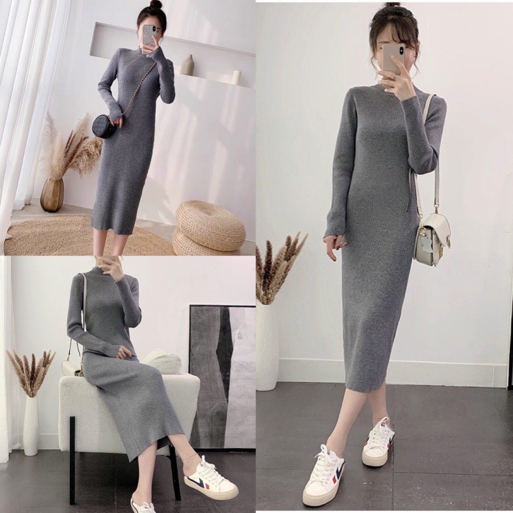 Đầm len ôm body cổ 3 phân màu xám, đầm ôm body nữ sexy, đầm len tăm dáng dài, đầm len nữ, đầm body nữ dáng ôm, đầm len cao cổ, đầm len dáng suông, đầm len ôm hàn quốc, AMELIA