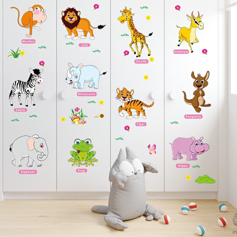 Decal giấy dán tường trang trí phòng bé thú hồng kèm tiếng anh