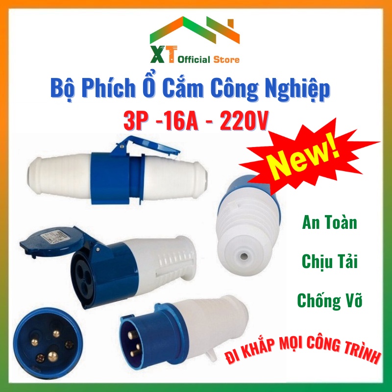Bộ phích cắm + ổ cắm công nghiệp 1 pha 3 chấu 16a di động điện áp 220v 250v