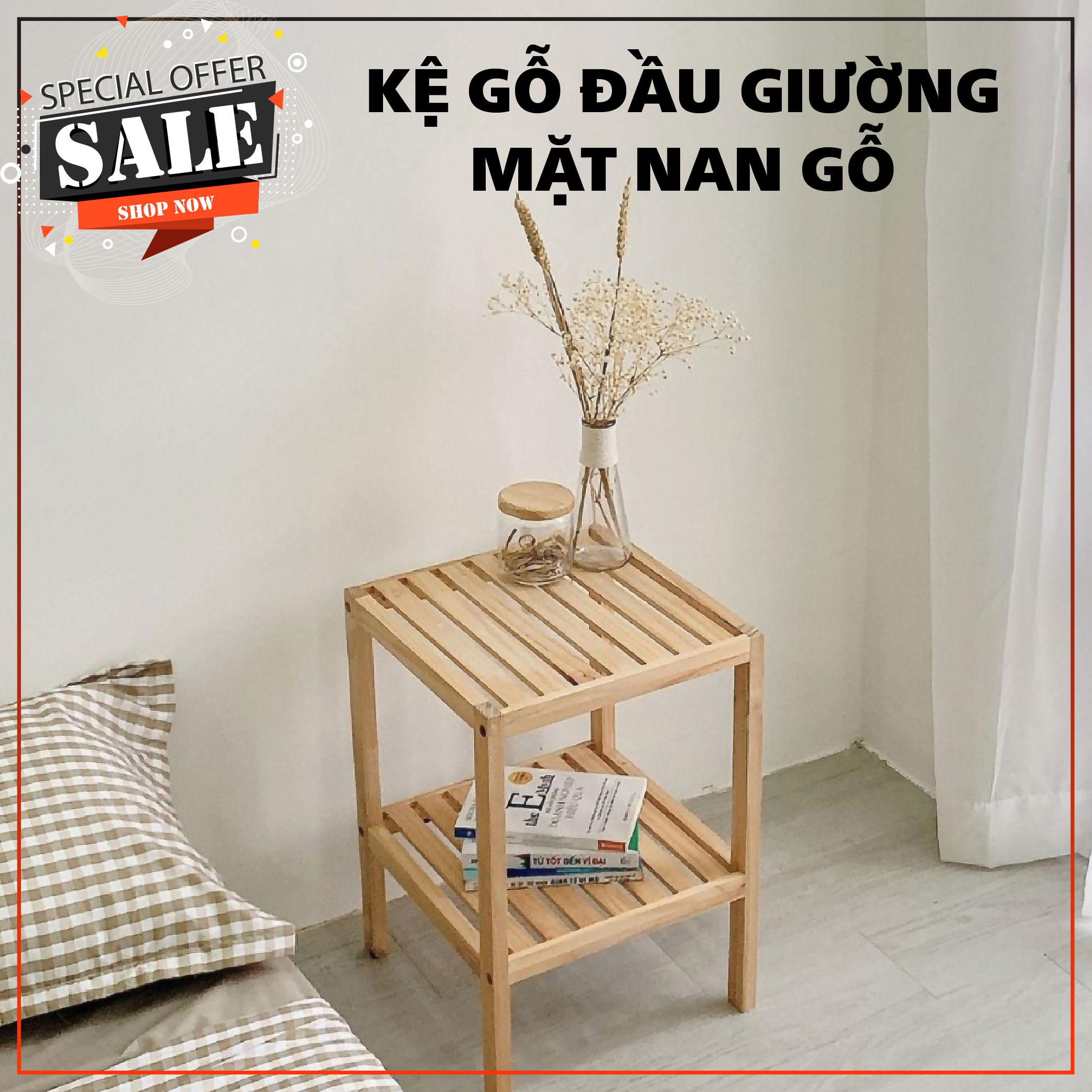 Kệ đầu giường khung gỗ mặt nan 2 tầng tab để đồ đa năng mặt gỗ - kệ đa năng tab đầu giường 2 tầng nội thất kiểu hàn quốc