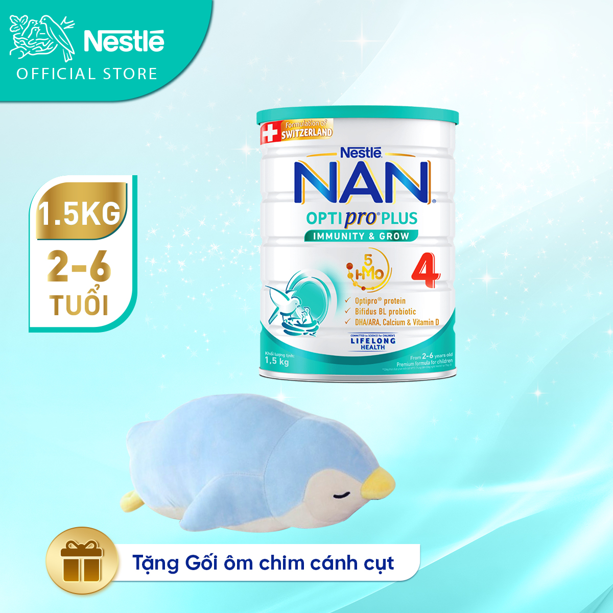 CHỈ 1517.9 TẶNG ĐỒ DÙNG CHO MẸ ĐH 999KSLCH Sữa bột Nestlé NAN OPTIPRO PLUS 4 1500g/lon với 5HMO Giúp tiêu hóa tốt Tăng cường đề kháng Tặng Gối ôm chim cánh cụt Gói Kèm SP