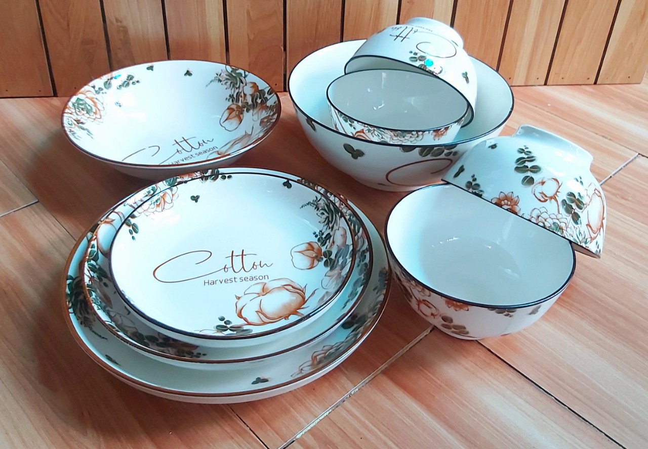 Bộ tô chén dĩa sứ họa tiết bông cổ điển 9 món ăn cơm Hoavoanshop