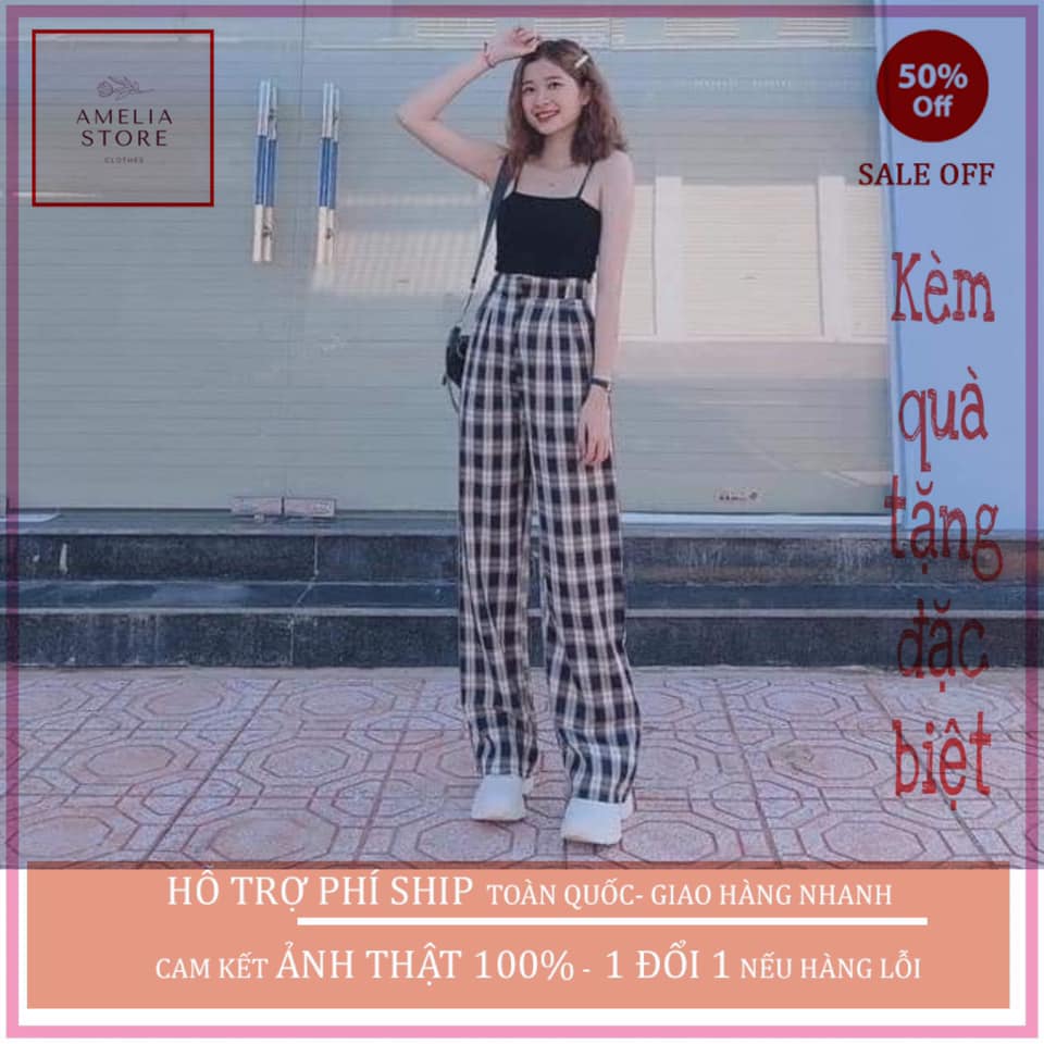 Quần ống rộng kẻ caro đen cạp chun lưng cao 65 thời trang hàn quốc, quần tây ống rộng, quần kẻ caro