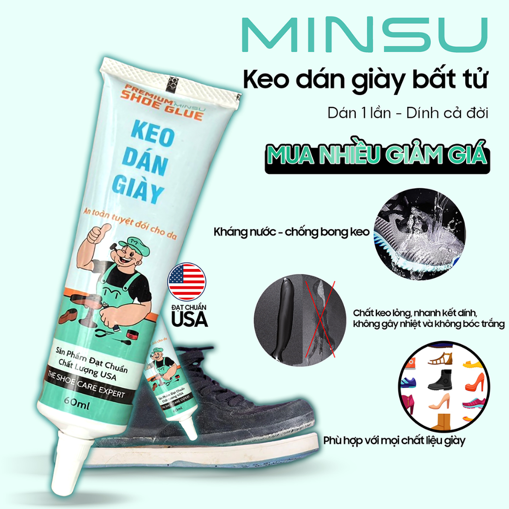 Keo dán giày dép siêu dính trong suốt Minsu 60ml, keo đa năng chuyên dụng Shoes 2h dán đế giày thể thao, mũi giày da, giày vải.