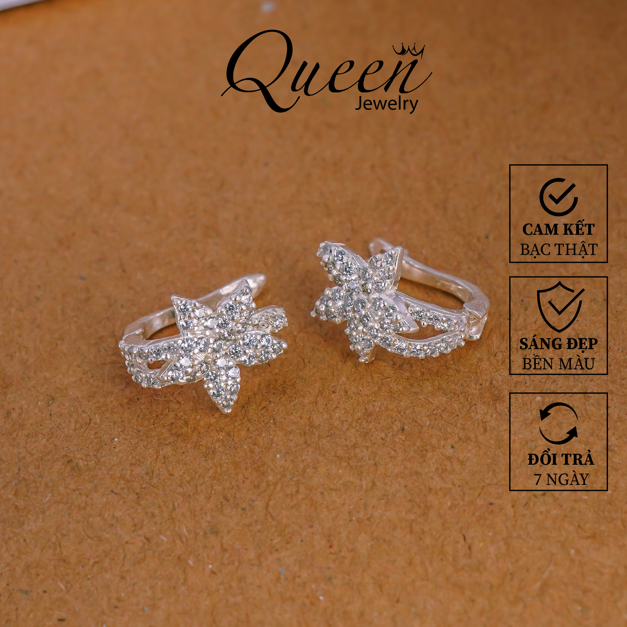 Bông tai nữ bạc ta ngôi sao đính đá nhỏ Khuyên tai tròn mẫu mới cực đẹp Trang sức bạc Queen Jewerly Cam kết bạc thật