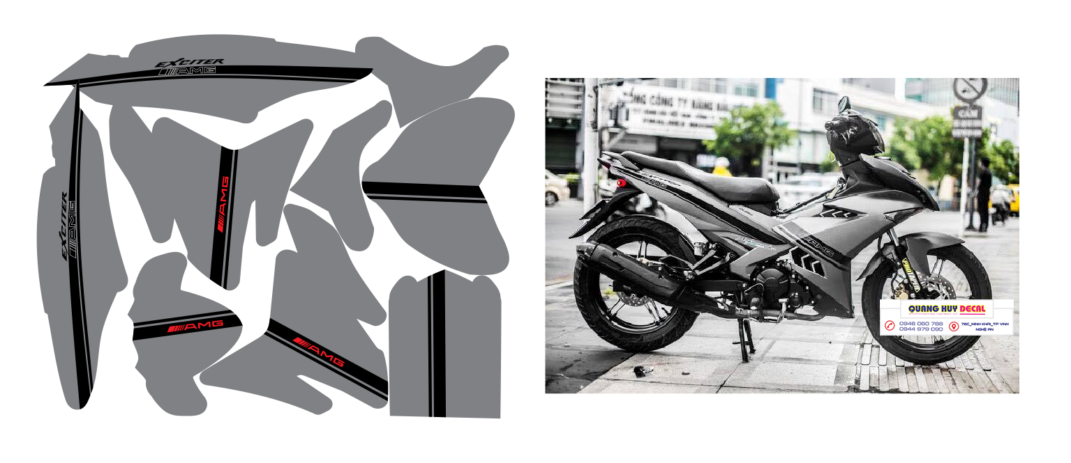 Tem trùm xe máy exciter 150 màu xám đen amg độ đẹp - tem xe máy exciter 150 thiết kế theo yêu cầu - chế độ tem xe máy exciter 150 đẹp rẻ chất