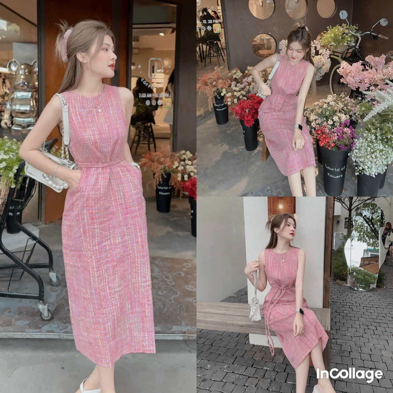 Đầm caro xốp sát nách cột dây eo thích hợp mặc đi chơi đi tiệc cực xinh