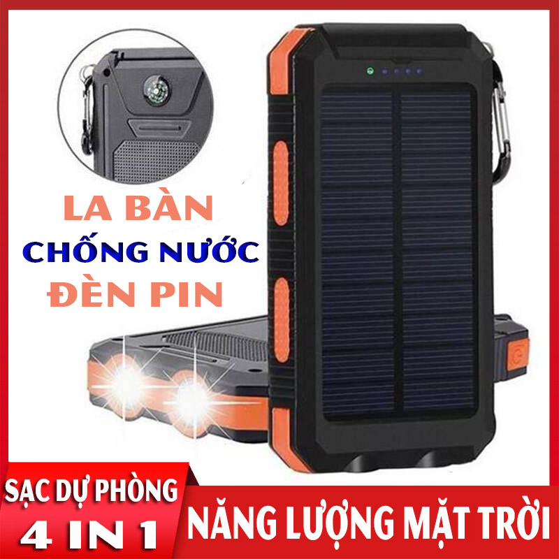 Sạc Dự Phòng Năng Lượng Mặt Trời Đa Năng, Chống Nước, Đèn Pin Kép, La Bàn, Sạc Nhanh 2A, 5.000mAh 10.000mAh 20.000mAh, cục pin sạc dự phòng, cục sạc dự phòng, sạc dự phòng Anker Hoco Samsung Xiaomi iPhone