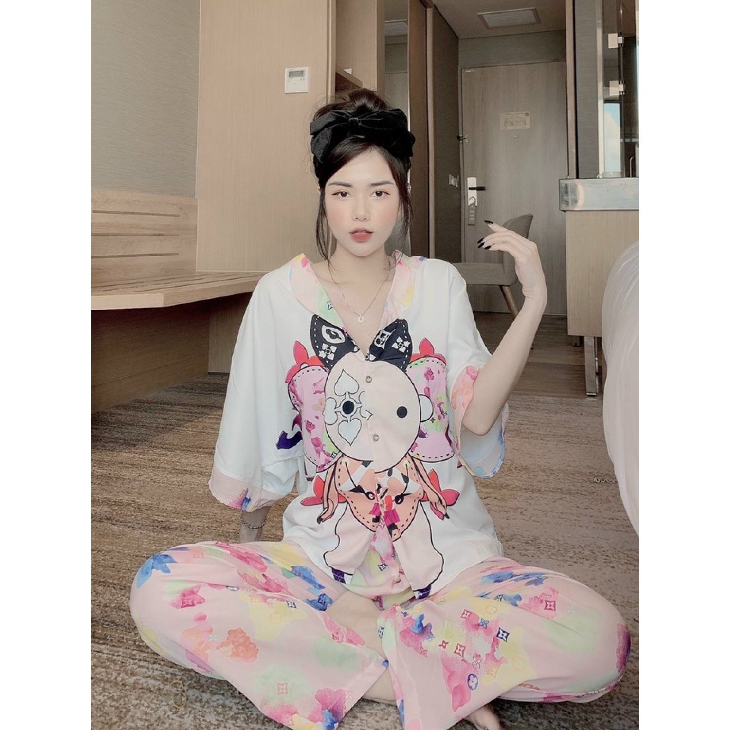 Đồ bộ nữ pijama tay ngắn quần dài lụa ngủ mango cao cấp Hottrend