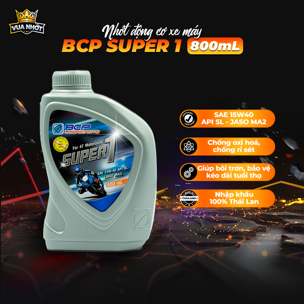 Nhớt xe số bcp thái lan super 1, sae 15w40, api sl, jaso ma2 - chai 0.8 lít