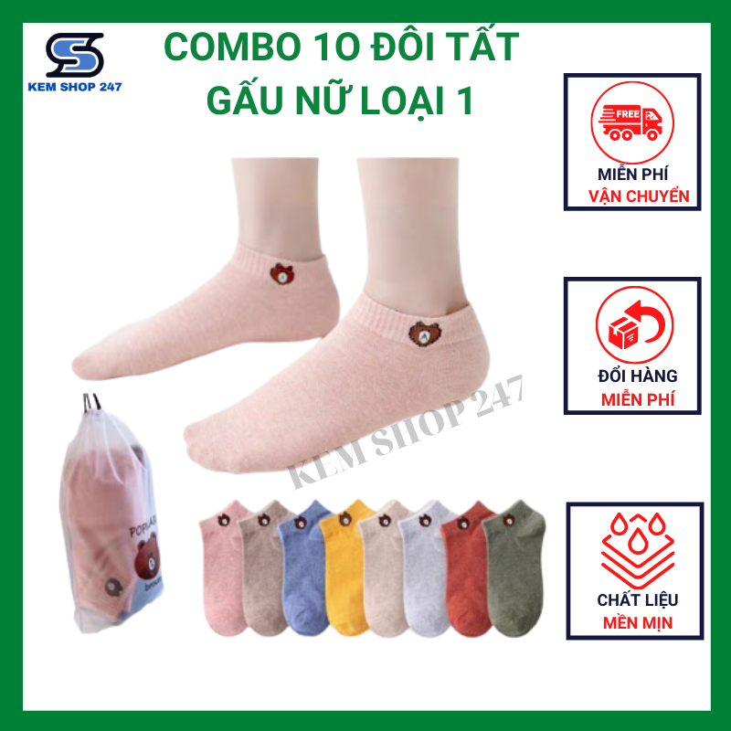 Combo 10 đôi vớ tất nữ cổ ngắn đẹp,Tất hình gấu cao cấp vải Cotton mềm mịn thoáng