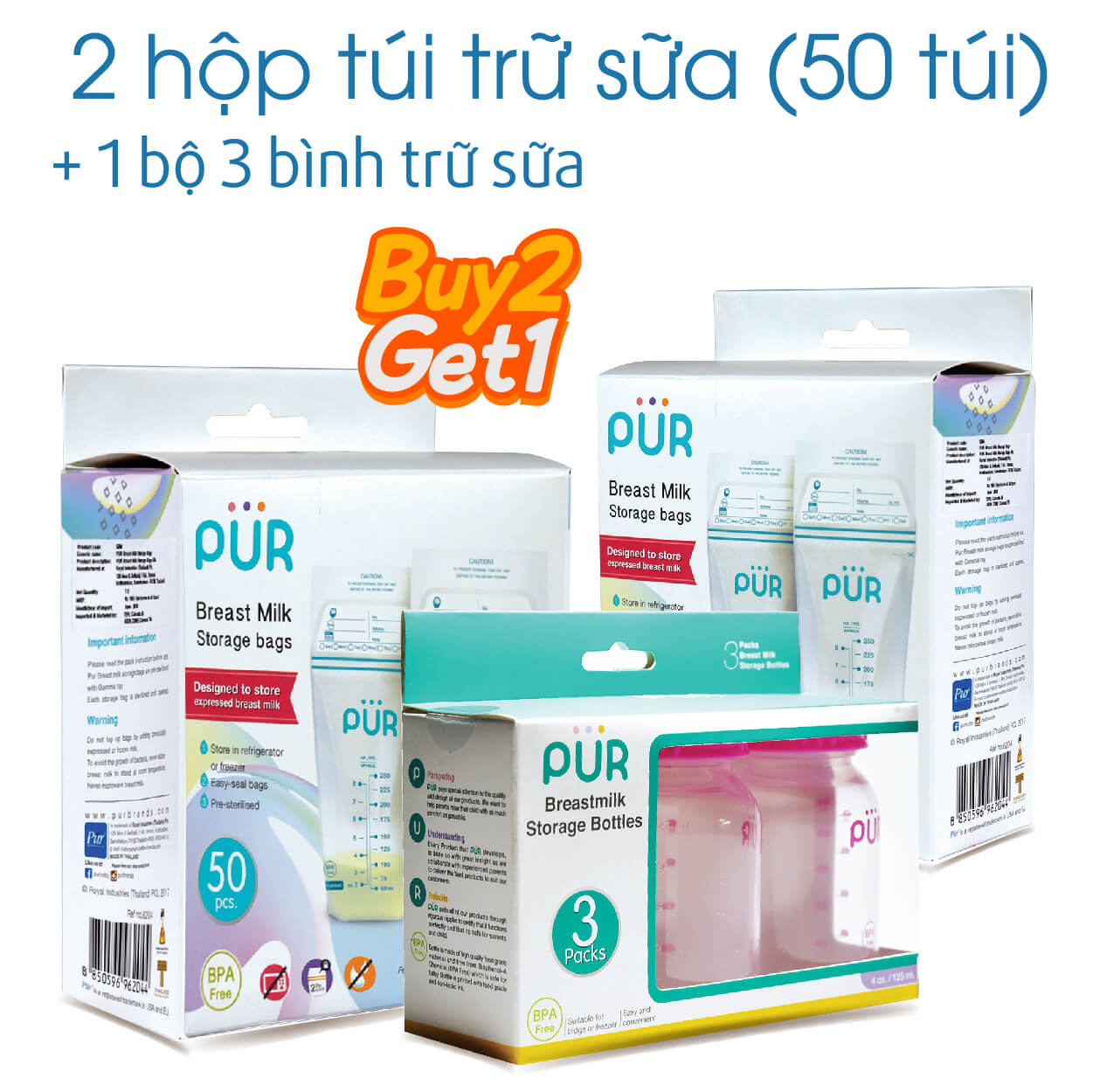Combo 2 hộp túi trữ sữa, tặng 1 bộ 3 bình trữ sữa Pur 125ml