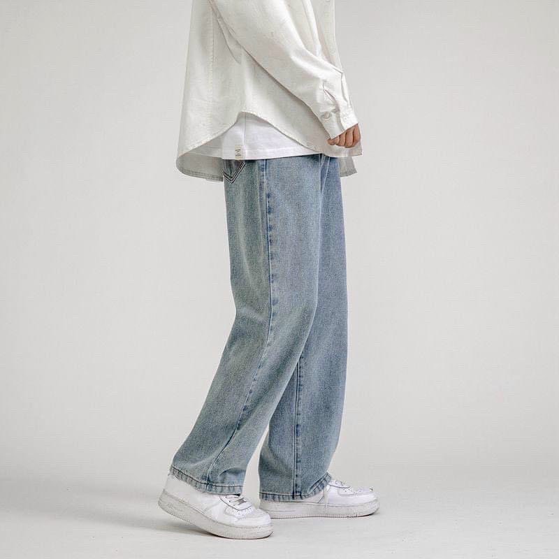 Quần Jean ống suông NAM xanh nhạt TRƠN BASIC, Ống Suông Rộng Nam Basic Unisex Vải Dày Dặn, cầm nặng tay, không xù lông