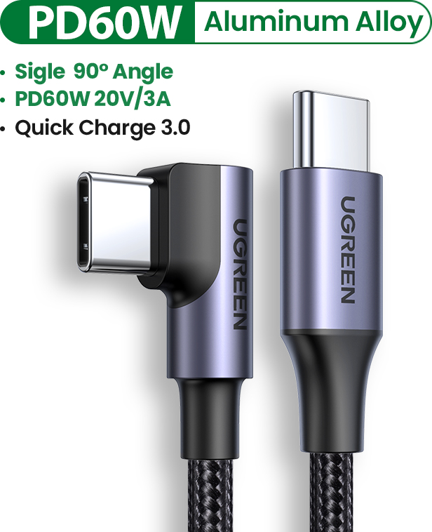 Cáp UGREEN 60W USB C sang USB C Cáp sạc nhanh USB C góc phải Tương thích với MacBook Pro Air, iPad Pro Mini Air Samsung S23 S22 Xiaomi 11t 12t Switch