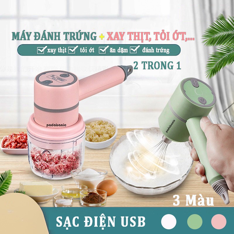 Máy đánh trứng kiêm máy xay thịt mini cầm tay sạc tích điện xay tỏi ớt, rau củ đa năng padabanic