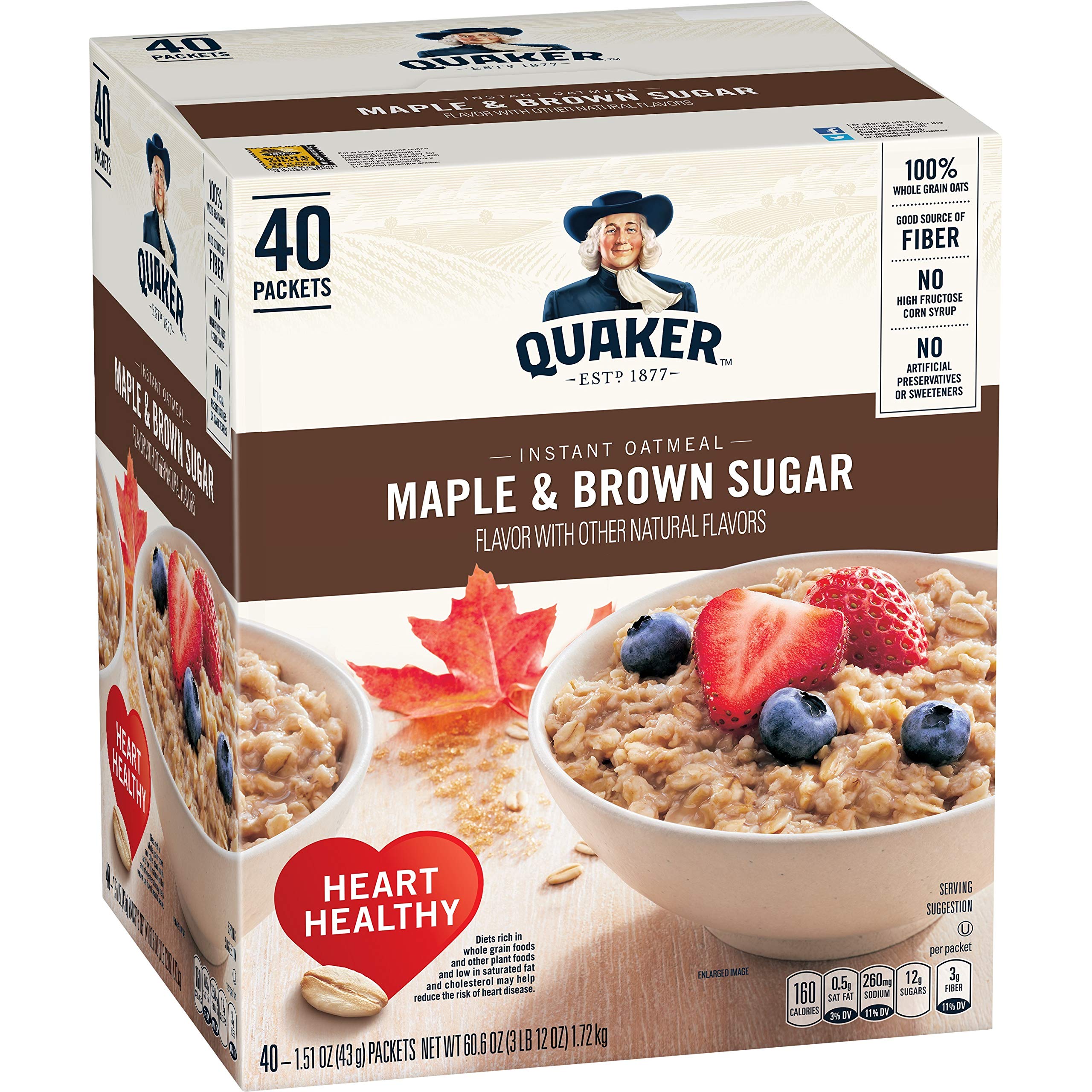 Ngũ cốc yến mạch ăn liền Quaker Mỹ - 40 gói - 2,1kg - Vị Maple & Brown Sugar (Fiber & Protein)